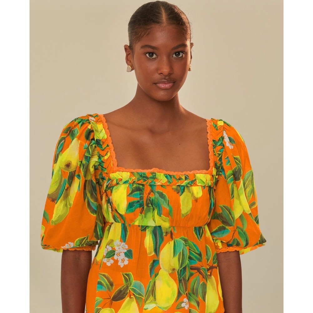 FARM Rio Orange Chic Pears Puff Sleeve Blouse XS NWT